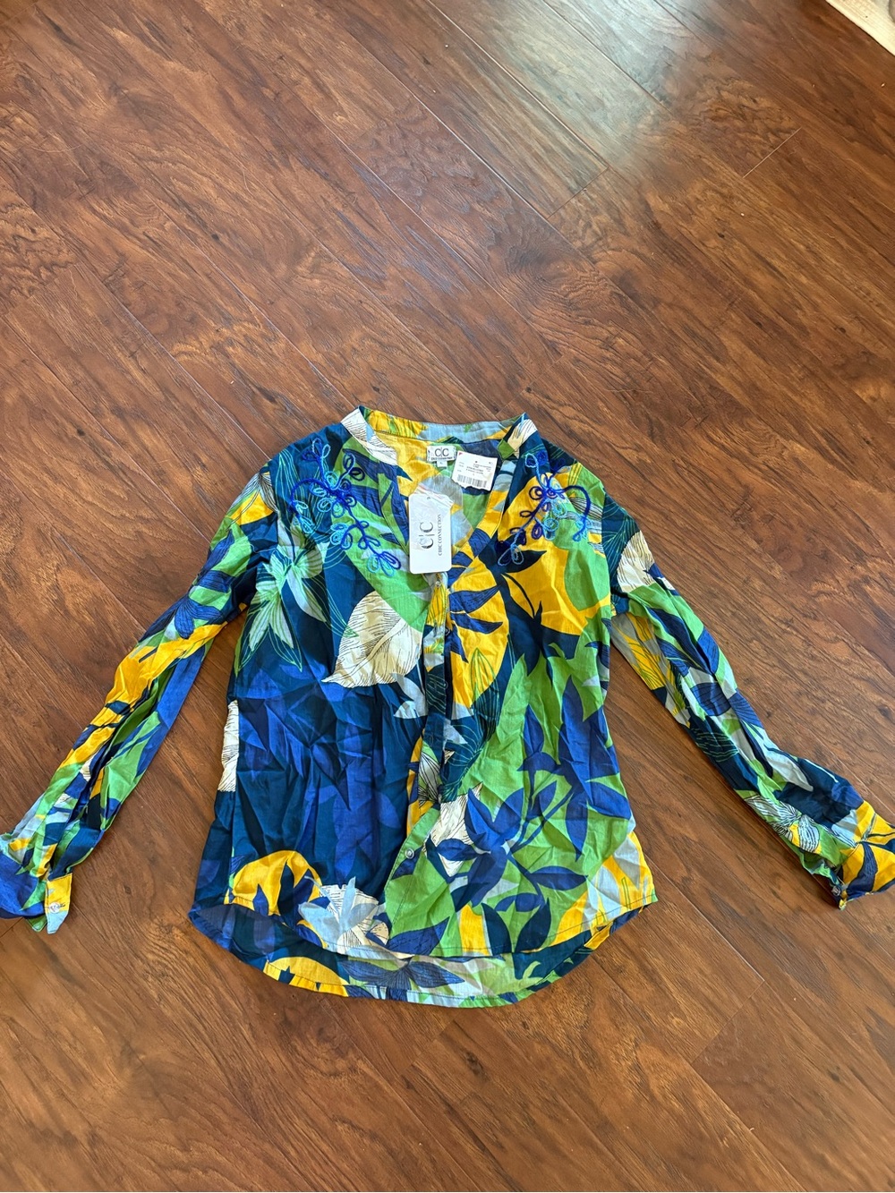 C.C. Floral button up Blouse in Blue, Green & Yellow